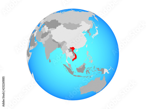 Vietnam on blue political globe. 3D illustration isolated on white background.