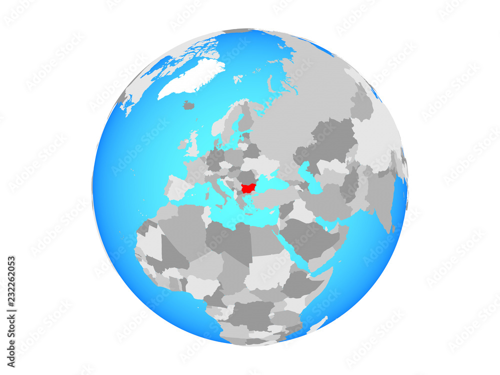 Bulgaria on blue political globe. 3D illustration isolated on white background.