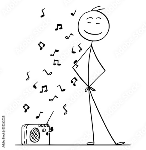 Cartoon stick drawing conceptual illustration of man enjoying listening a music from small radio.
