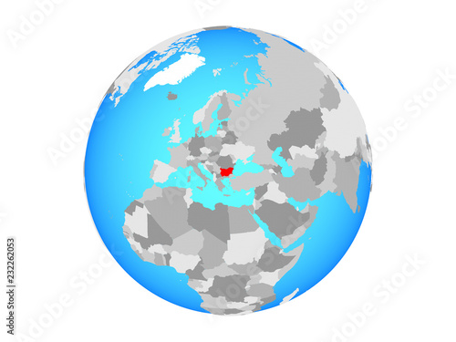 Bulgaria on blue political globe. 3D illustration isolated on white background.