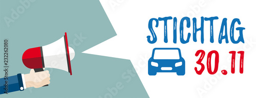 Flat Cartoon Banner mit einen Sprechblase und Megafon Stichtag 30.11.