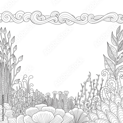 Coral reef and sea wave with copy space for design element and coloring book. Vector illustration
