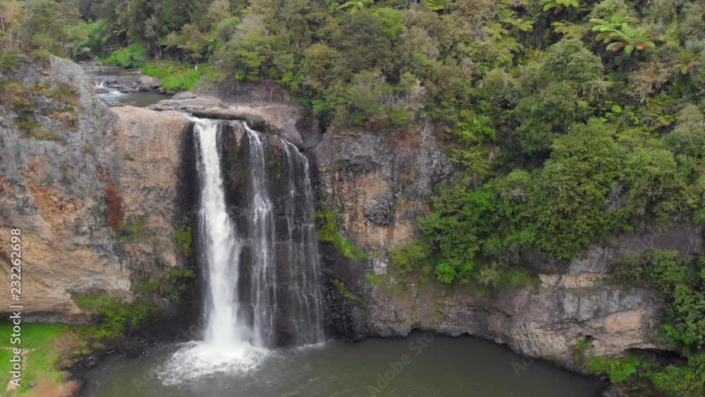 Aerial view of a waterfall in the area of Clevedon in New Zealand Aerial view of a waterfall in the area of Clevedon in New Zealand