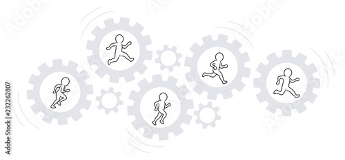 Zusammenarbeit / Teamwork: Eine Gruppe Strichmännchen läuft in drehenden Zahnrädern / Vektor-Zeichnung / Konturen