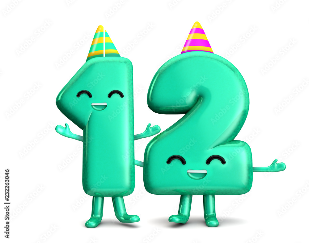 Happy 12th Birthday cute party character with hat. 3D Rendering Happy 12th Birthday cute party character with hat. 3D Rendering