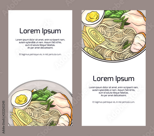 Set of vertical banners with color ramen and place for the text on white background. Vector template for menus, cards, recipes and your design.
