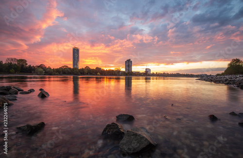The River Rhine and the the city of Bonn, Germany, at a colourful sunset