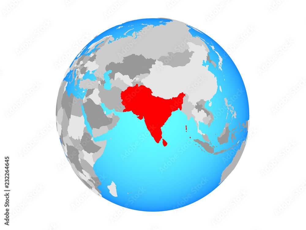 Fototapeta premium South Asia on blue political globe. 3D illustration isolated on white background.