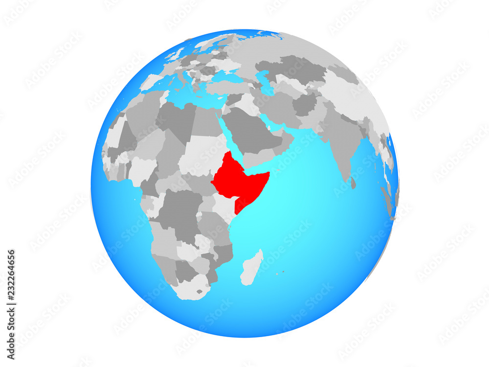 Horn of Africa on blue political globe. 3D illustration isolated on white background.