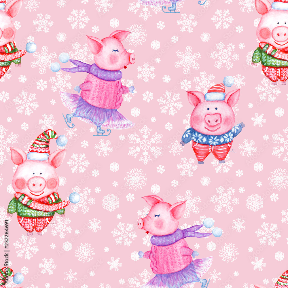 2019 Happy New Year and Christmas seamless pattern with watercolor funny pigs 2019 Happy New Year and Christmas seamless pattern with watercolor funny pigs