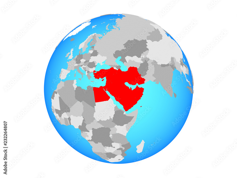 Naklejka premium Middle East on blue political globe. 3D illustration isolated on white background.