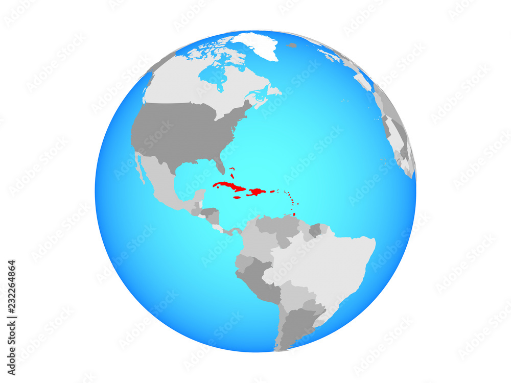 Caribbean on blue political globe. 3D illustration isolated on white background.