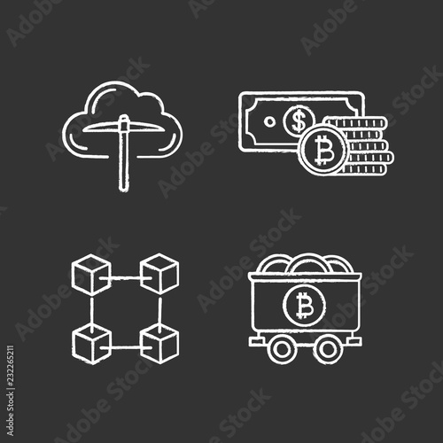 Bitcoin cryptocurrency chalk icons set