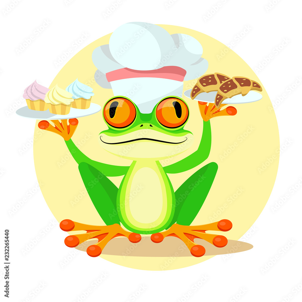 Baker frog. Funny cartoon frog with heat, croissants and cupcakes. Vector  children card for professions learning. Stock Vector | Adobe Stock