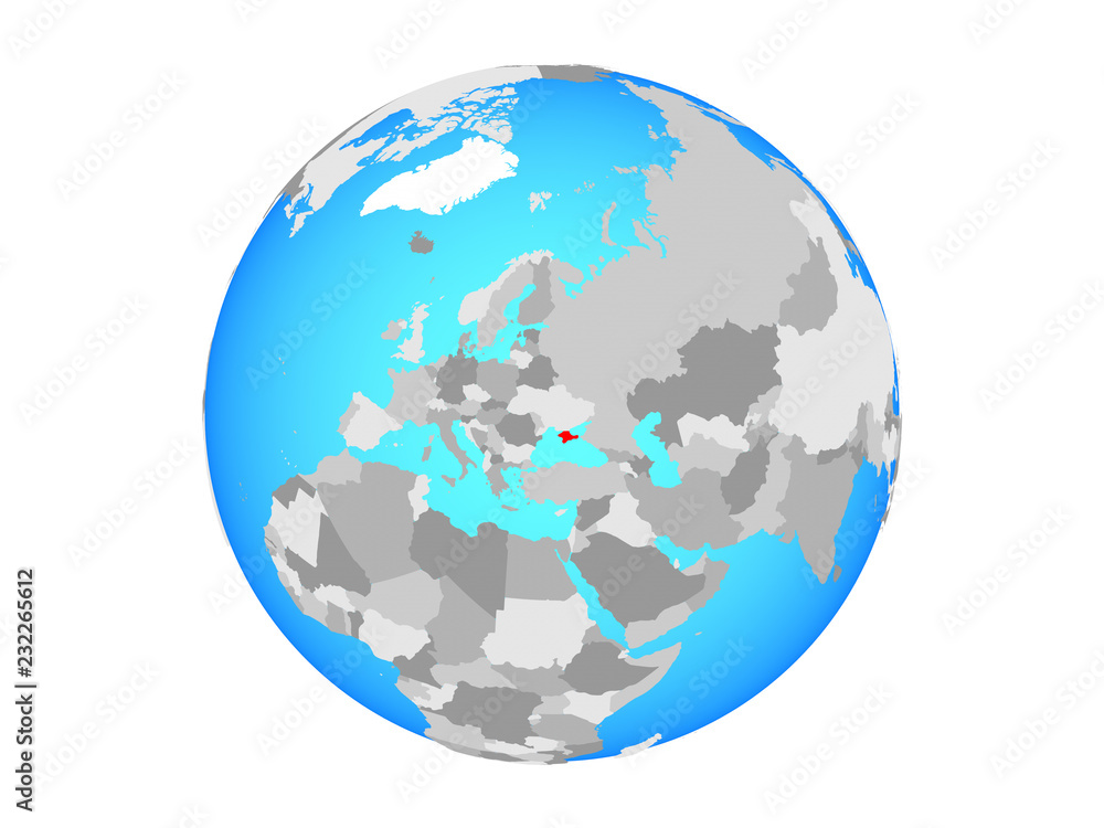 Crimea on blue political globe. 3D illustration isolated on white background. Crimea on blue political globe. 3D illustration isolated on white background.
