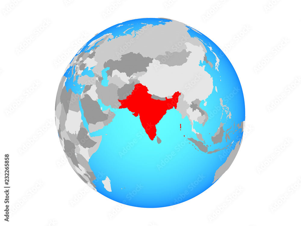 British India on blue political globe. 3D illustration isolated on white background.