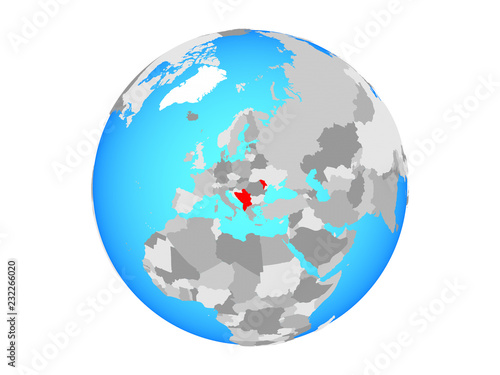 CEFTA countries on blue political globe. 3D illustration isolated on white background.