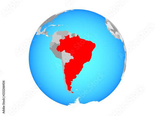 Mercosur memebers on blue political globe. 3D illustration isolated on white background.