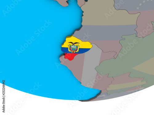Ecuador with embedded national flag on simple political 3D globe.