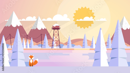 Winter Landscape In Sunset Background. Flat Vector Illustration 
