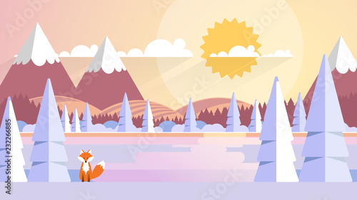 Winter Landscape In Sunset Background. Flat Vector Illustration
