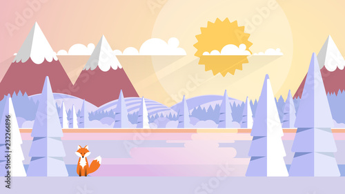 Winter Landscape In Sunset Background. Flat Vector Illustration
