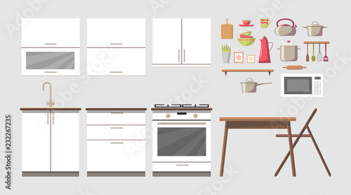 White cosy kitchen interior constructor clip art set with furniture and stove, cupboards, dishes - kettle, pan, bowls, mugs, microwave oven, utensils, table, chair. Modern flat style vector, isolated