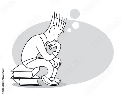 Thinking young man is sitting on stack of books