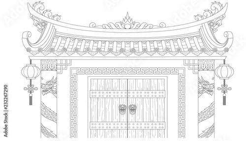Chinese gate for coloring book and design element.Vector illustration