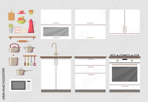 White cosy kitchen interior constructor clip art set with furniture and stove, cupboards, dishes - kettle, pan, bowls, mugs, microwave oven, different utensils. Modern flat style vector, isolated.