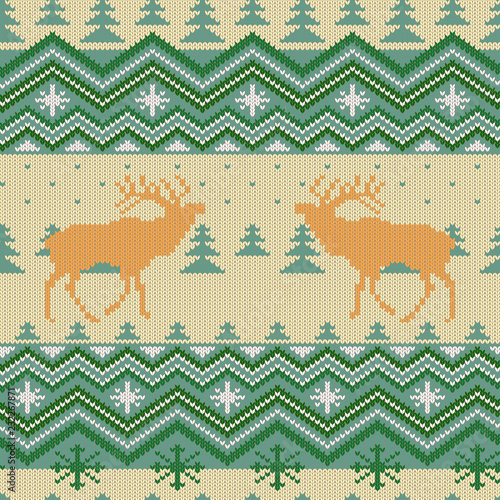 Christmas knitted woolen seamless pattern with red deer in conifer forest