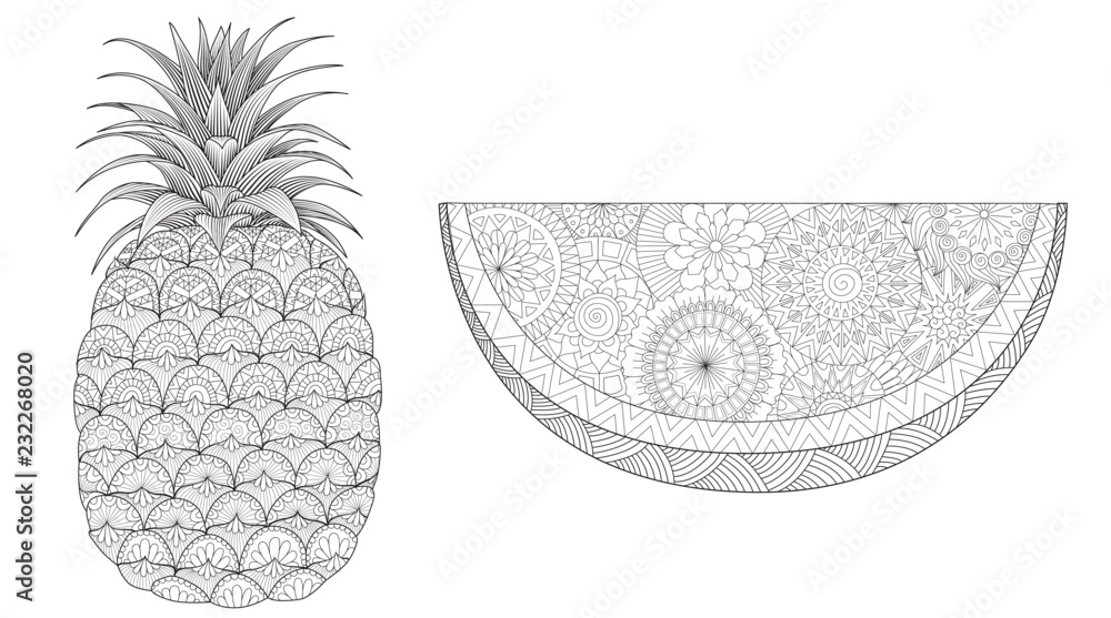 Pineapple and watermelon set for print and coloring book page.Vector ...