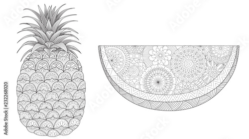 Pineapple and watermelon set for print and coloring book page.Vector illustration