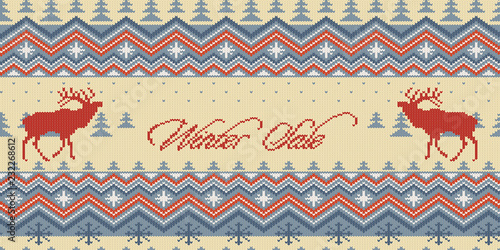 Winter Sale. Christmas Winter knitted woolen seamless pattern with red deer in conifer forest