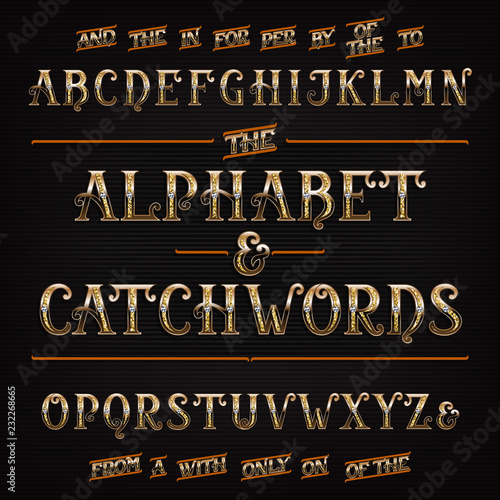 Ornate golden alphabet font with diamonds. Ornate jeweler letters and numbers with catchwords the, for, a, from, with, by etc.