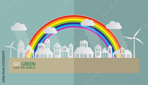 Paper art of landscape with Eco green city and nature, GO GREEN SAVE THE WORLD concept, Vector illustration