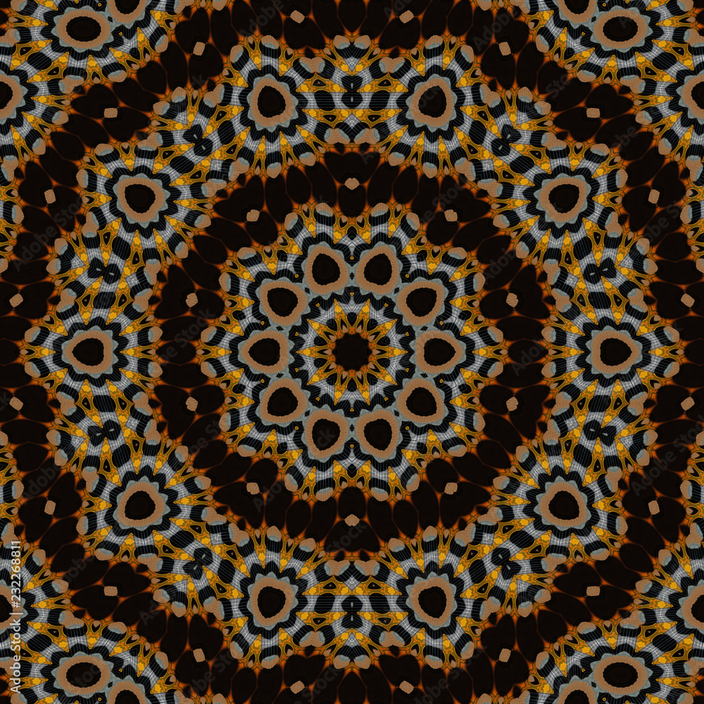 Pattern, abstract flower in the center. on a dark brown background