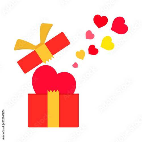 Open gift box with hearts. Love logo, abstract concept, icon. Vector illustration on white background.