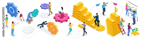 Isometric set of people and business icons on a white background. People in the process of work, brainstorming, teamwork, goal achievement