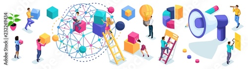 Isometric set of entrepreneurs for creating advertising concepts, brainstorming, planning and strategy development. The concept for web banners