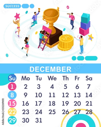 Isometric month December of the main calendar of 2019. The concept of participants' success in teamwork, achievement of goals, business strategy