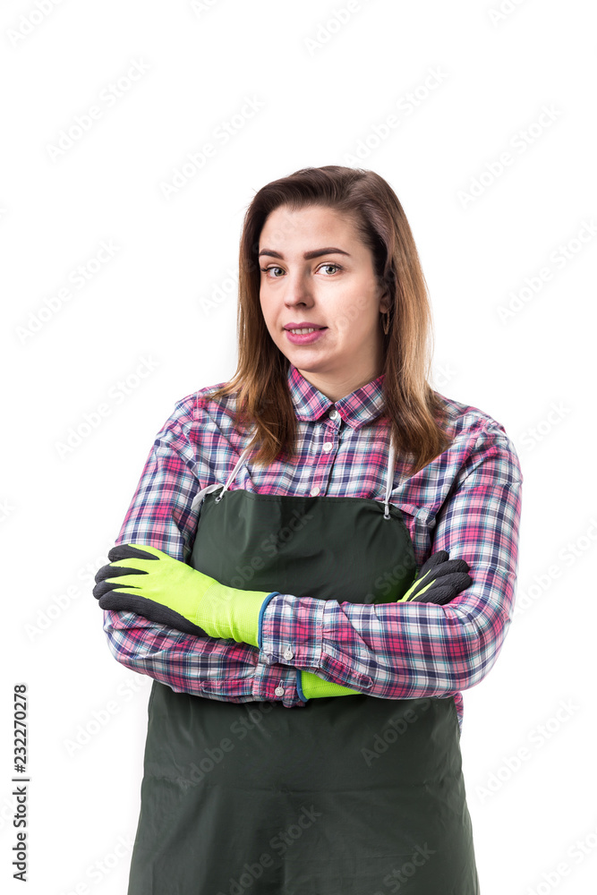 portrait of smiling woman professional gardener or florist in apron isolated on white background portrait of smiling woman professional gardener or florist in apron isolated on white background