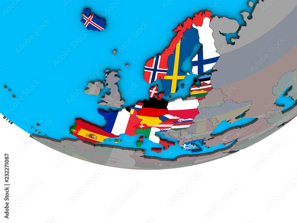 Schengen Area members with embedded national flags on simple political 3D globe.