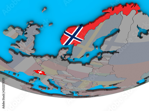 EFTA countries with embedded national flags on simple political 3D globe.