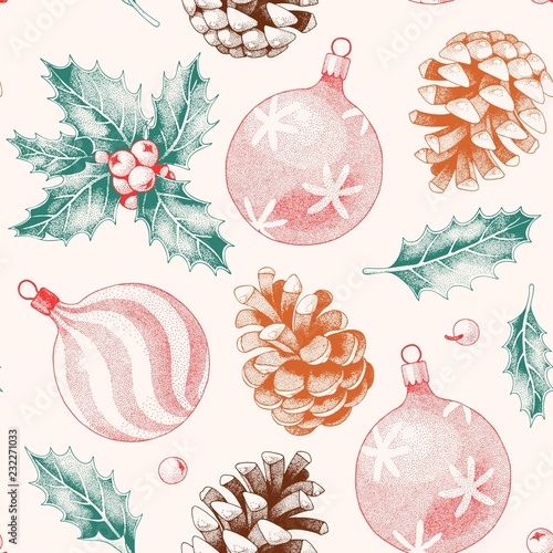 Seamless pattern with pine cones and xmas toys