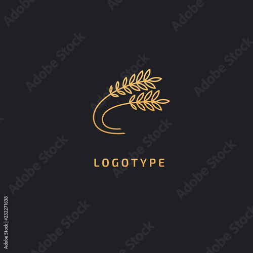 Vector stock logo, abstract nature sign. Illustration design of elegant, premium and royal logotype bakery, bread, agroculture, grain, millet, field, flour. Vector icon of gold ear.