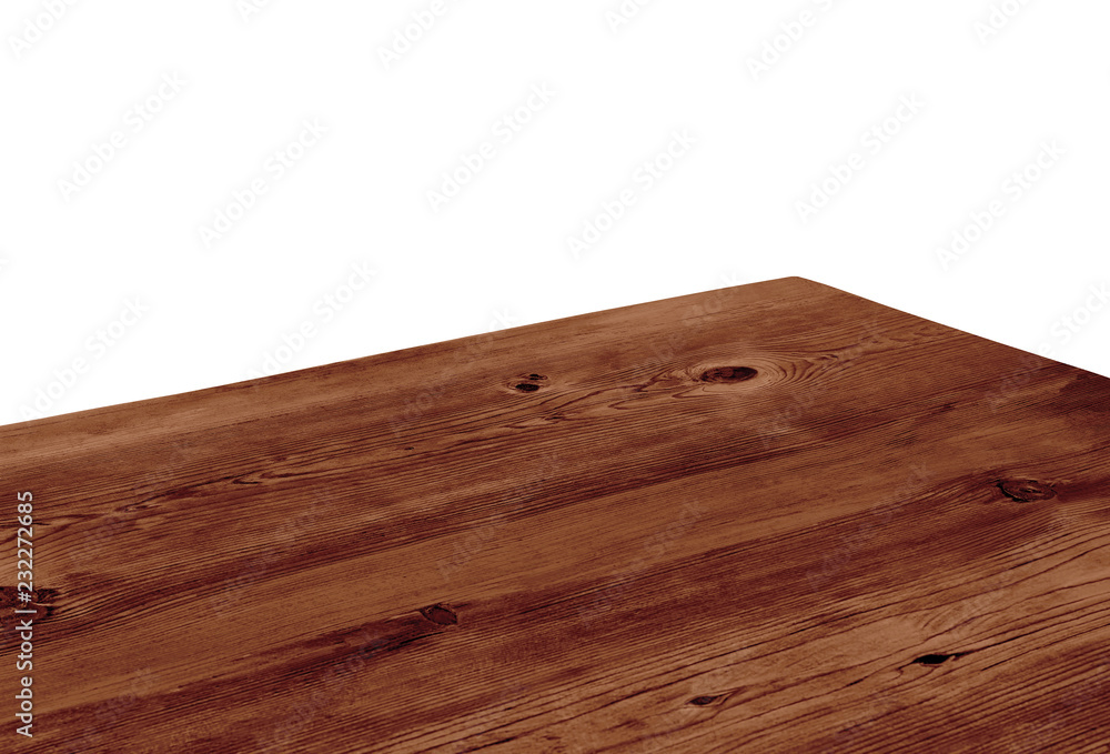 Perspective view of wood or wooden table corner on white background including clipping path - obrazy, fototapety, plakaty 