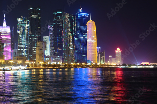 Financial centre in Doha city at night, Qatar