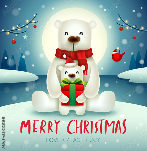 Polar Bear and baby cub under the moonlight in Christmas snow scene.