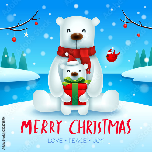 Polar Bear and baby cub in Christmas snow scene.